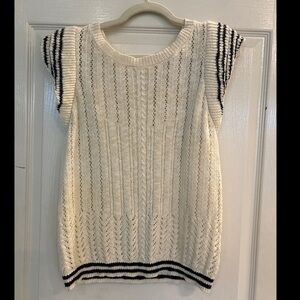 Fate Anthropologie Cream Pointelle Knit Cap Sleeve Sweater Nautical Stripe M